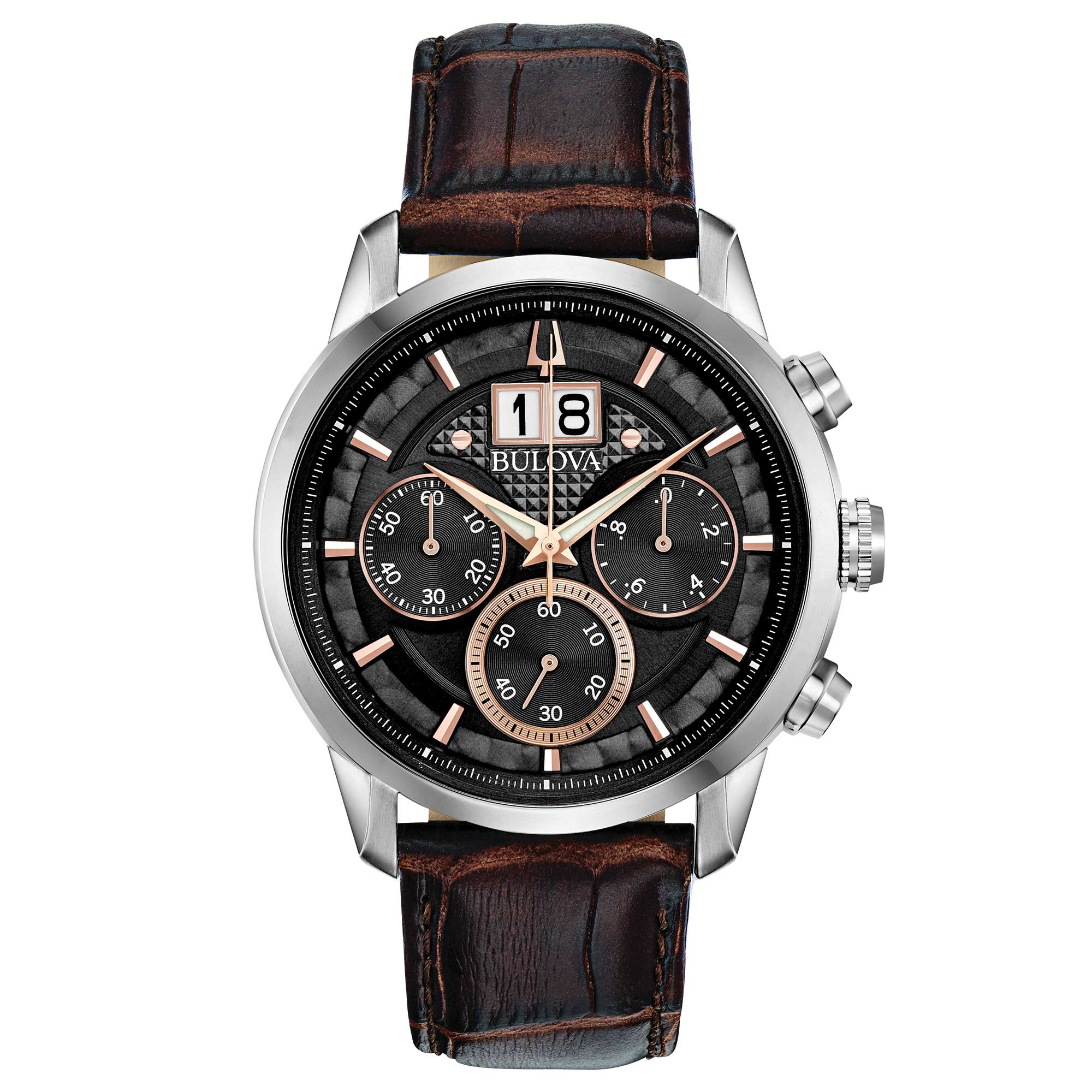96B311 Reloj Bulova Sutton Big Date de caballero banda de cuero 44 mm