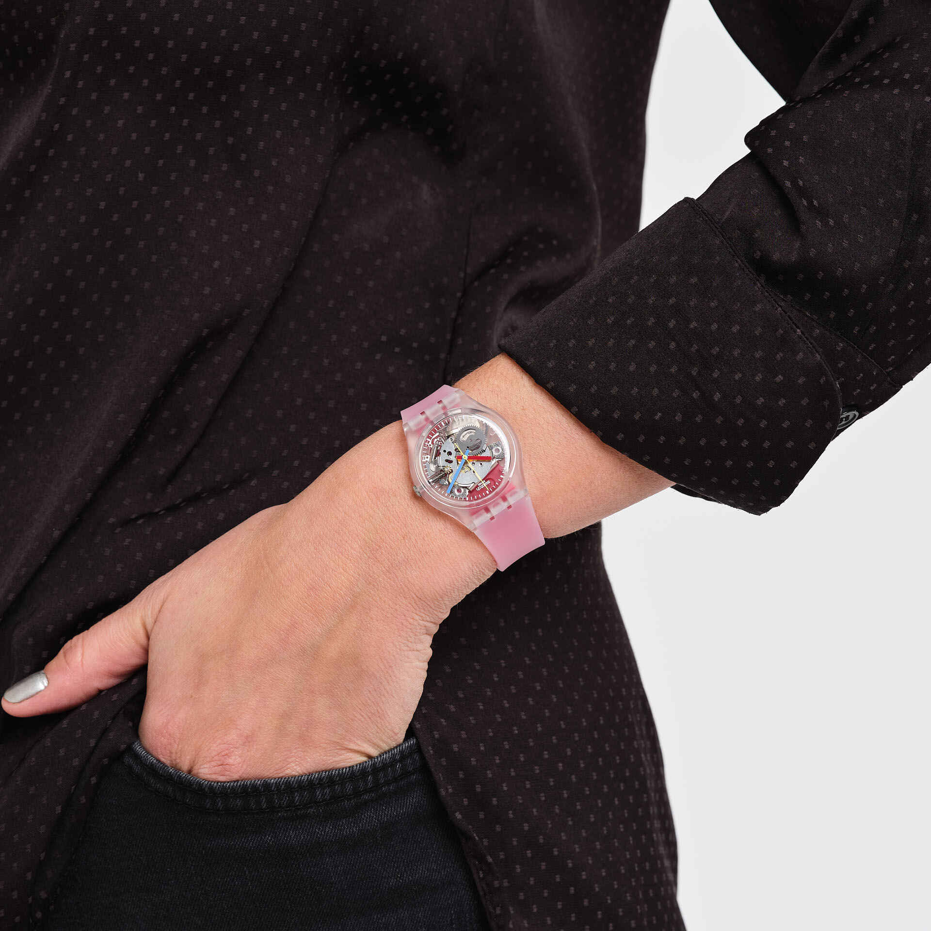 GE292 Reloj Swatch Clearly Red Striped unisex banda de resina - Image 4